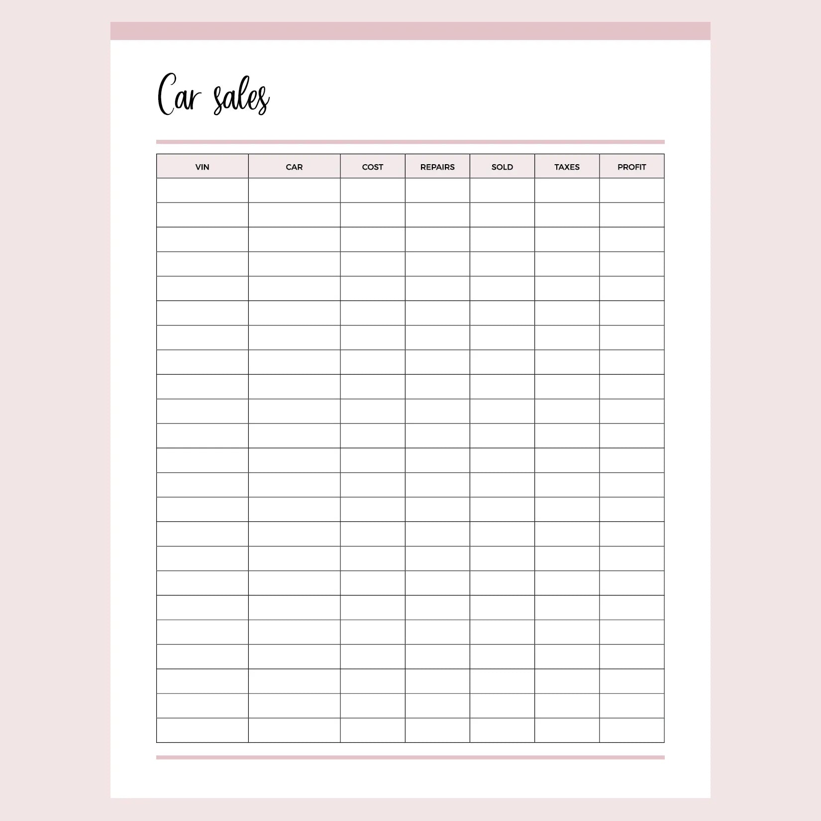 Printable Used Car Sales Tracking Template